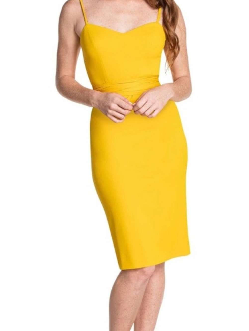 NWT Dress the Population Canary Yellow Spaghetti Strap Midi Dress